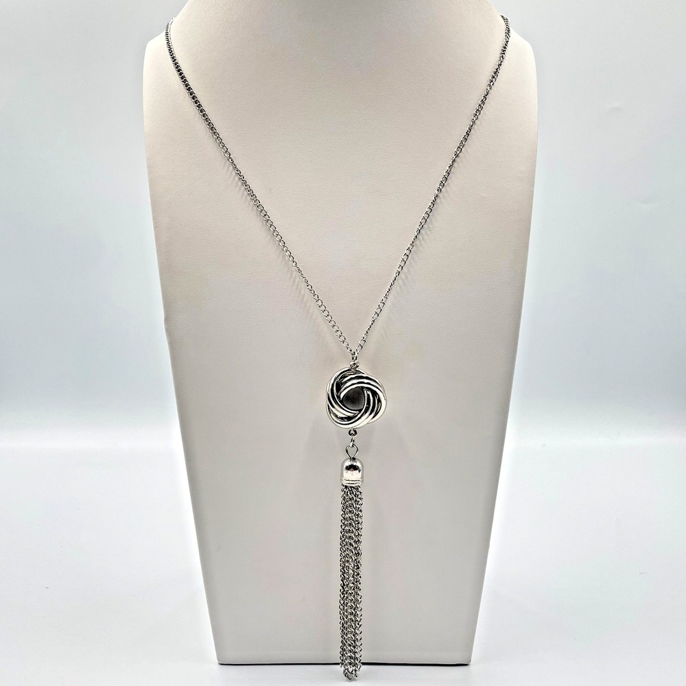 Vintage Silver Tone Love Knot Long Tassel Pendant Chain Necklace Boho Lobster
